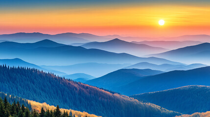 Obraz premium Breathtaking mountain range silhouetted against a stunning sunset sky with brilliant shades of color captured in a picturesque landscape.