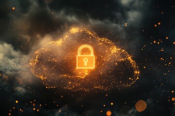 A glowing digital cloud shape and a secure padlock inside it
