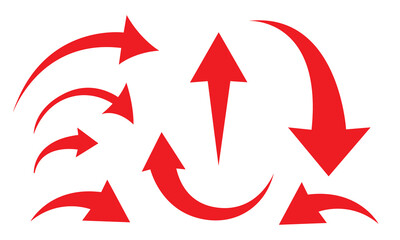 A simple, red, straight, curved arrow pointing to the left, right and up, down on a white background. Direction symbol. Arrow symbol for app, UI, web. Stock-Vector illustration