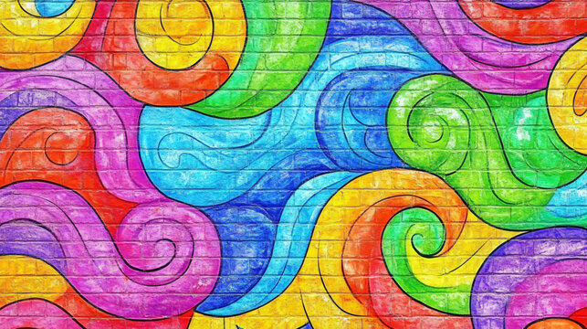 Vibrant and colorful graffiti art textures on a brick wall creating a stunning urban visual experience in bright bold hues.