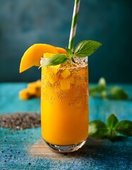 Refreshing Mango Basil Soda with Chunks in a Clear Glass for a Perfect Tropical Treat