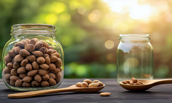 Almonds poured from cezve into jar on wooden table, bokeh background, healthy snack