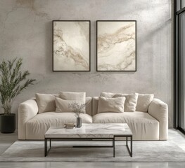 Beige sofa, marble coffee table, and abstract art in modern living room.