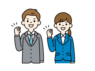 元気にガッツポーズをする、男女の会社員のシンプルなベクターイラスト素材＿カラー