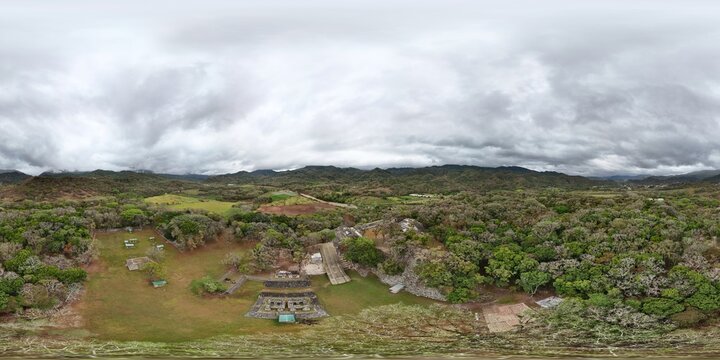 360 aerial photo taken with drone of Copan Conjunto principal at the Mayan ruins in the UNESCO site in Honduras