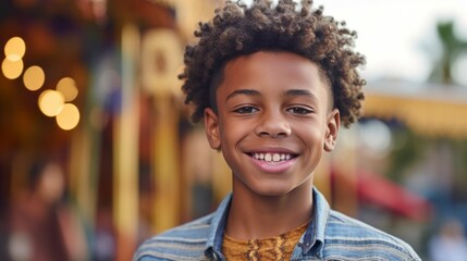 Happy african american boy smiling in the city. Closeup Portrait of a happy African kid standing on a European city street. Male African pre-teen child with perfect white teeth closeup. .