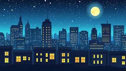 Naklejka premium Night Cityscape with Full Moon.