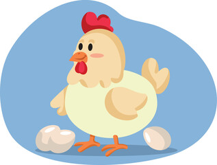 Happy Cheerful Hen Laying Fresh Eggs Vector Concept Illustration. Adorable mom with her future chicks during springtime season 
