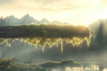 Misty morning, moss-covered log, sunlight