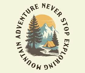 Mountain t-shirt design with sun, pine trees. Print for apparel with slogan - mountains adventure. Typography graphics for vintage tee shirt with grunge. Vector illustration. Go outside vector print 
