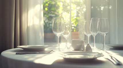 Sophisticated table setting with wine glasses and plates ready for a memorable dining experience in a cozy atmosphere perfect for any occasion.