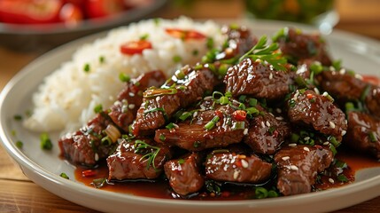 Mongolian beef steamed rice plated side by side on clean white dish zoomed out view