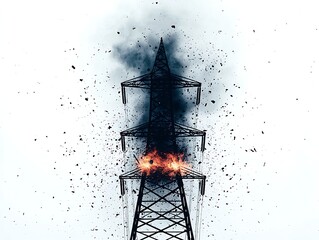 A dramatic image of a power tower engulfed in flames, surrounded by debris and smoke, illustrating a catastrophic event.