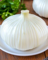 Closeup of a Whole Peeled White Onion on a White Plate