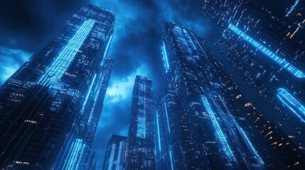 Futuristic city skyscrapers at night, glowing blue lights, urban cityscape, low angle shot, possible use for technology, architecture, or design presentation