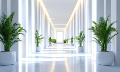 Fototapeta premium Bright hallway, plants, columns, sunlight, modern architecture, interior design