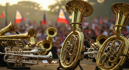 Brass Band Performance at Sunset: Golden Horns and Festive Flags