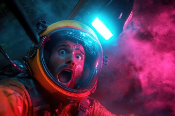 Dramatic Astronaut Encounter: Shocked Explorer with Pink Mist and Futuristic Lighting