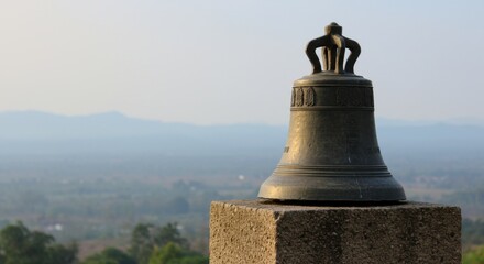 Fototapeta premium Ancient Bronze Bell on Mountaintop Overlooking Serene Valley Landscape