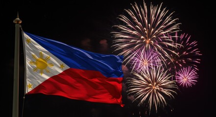 Philippine Flag Waving at Night with Vibrant Fireworks Display Celebrating Independence Day