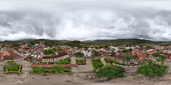 360 aerial photo taken with drone of Copan Central Park near the Mayan ruins in Honduras