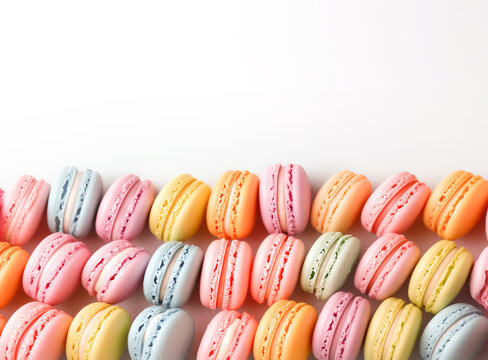 Stacked of colorful pastel of French macrons or macarons. Perfect for dessert themed background.