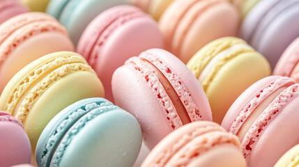 Fototapeta premium Stacked of colorful pastel of French macrons or macarons. Perfect for dessert themed background.