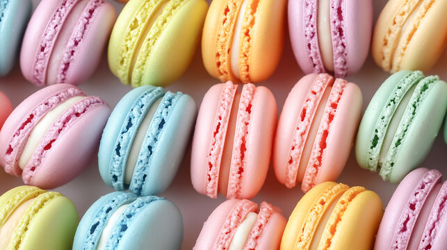 Stacked of colorful pastel of French macrons or macarons. Perfect for dessert themed background.