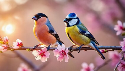 Fototapeta premium Two birds on a blossoming branch