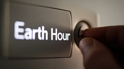 Close-Up of Electric Light Switch with "Earth Hour" Text Being Turned Off, White Background, Single Hand, Highlighting Earth, Earth Day, Environmental Protection Connection