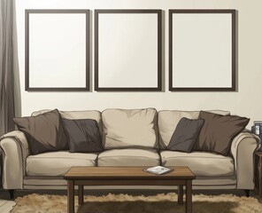 Beige sofa with three empty frames in living room.