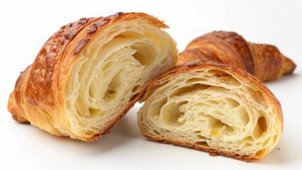 Freshly baked croissant cut in half on a white background