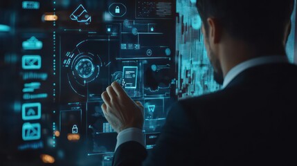 Businessman analyzing data on holographic screen