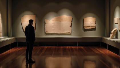 Visitors admire ancient stone artifacts displayed in well-lit glass cases within a museum gallery, emphasizing the value of preservation and cultural heritage on International Museum Day