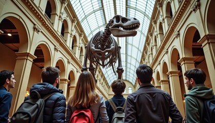 A group of visitors admires a majestic dinosaur skeleton displayed in a grand museum hall with arched architecture and a glass ceiling, symbolizing education and history on International Museum Day