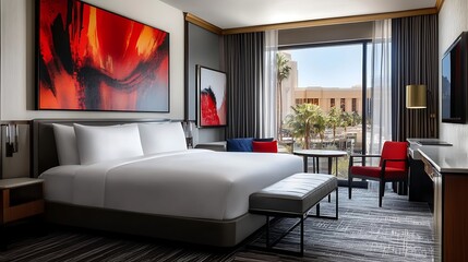 Fototapeta premium Luxury Hotel Room with City View, Modern Design and Artistic Decor