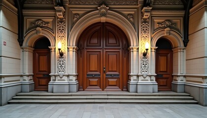 Obraz premium A grand entrance with three wooden doors, intricate stone carvings, and wall sconces. The central arched door is flanked by smaller ones, showcasing elegant and detailed craftsmanship