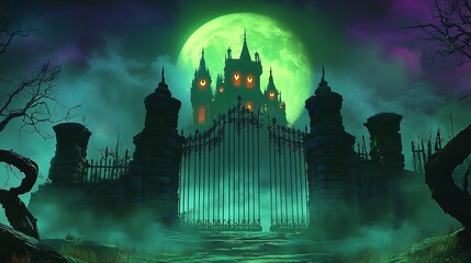 Spooky haunted castle silhouette standing behind a large open gate