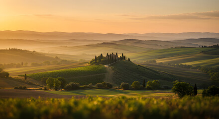 Naklejka premium Golden Sunset Over Tuscany’s Rolling Fields, A Tranquil Summer Landscape