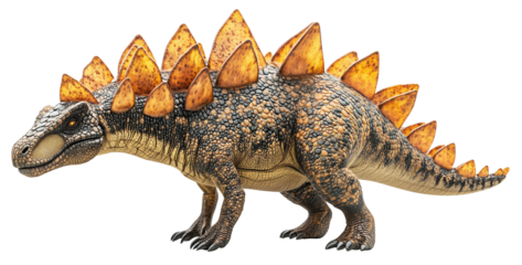 detailed illustration of Stegosaurus dinosaur with distinctive orange plates along its back, showcasing its textured skin and powerful tail. creature stands in neutral pose