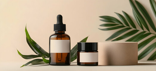 Product photography of brown glass shampoo, body wash, and hair mask bottles with blank white labels on a beige podium 