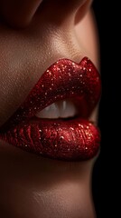 Obraz premium Close up of Woman s Lips with Red Glittery Lipstick Sensual Makeup Beauty Shot