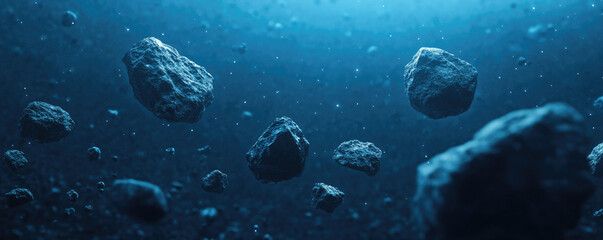 A serene underwater scene featuring floating rocks illuminated by soft blue light, creating a tranquil atmosphere.