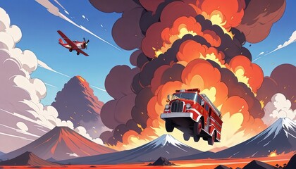 Volcanic Eruption: Aerial Firetruck and Airplane Response