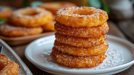 Nepalese sel roti sweet rice doughnuts circular shape stacked on white ceramic plate