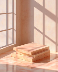 A serene interior scene featuring stacked wooden platforms illuminated by sunlight streaming through a large window, casting soft shadows on the polished floor.