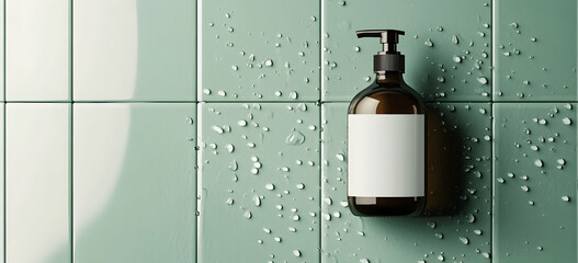 Minimalist green bathroom tiles with a dark brown glass bottle of shampoo or body wash and a blank white label