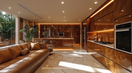 Modern kitchen with sleek design, luxurious materials, and natural lighting.