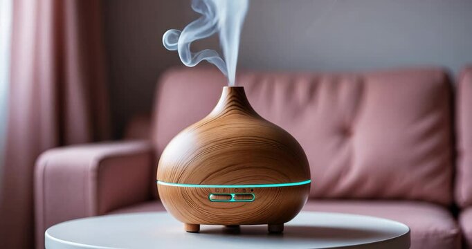 Aroma oil diffuser located on a table within the room. Area for text