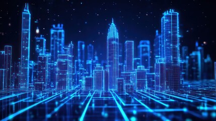 Digital city skyline, futuristic, night view, technology, background, graphic design, possible use stock photo